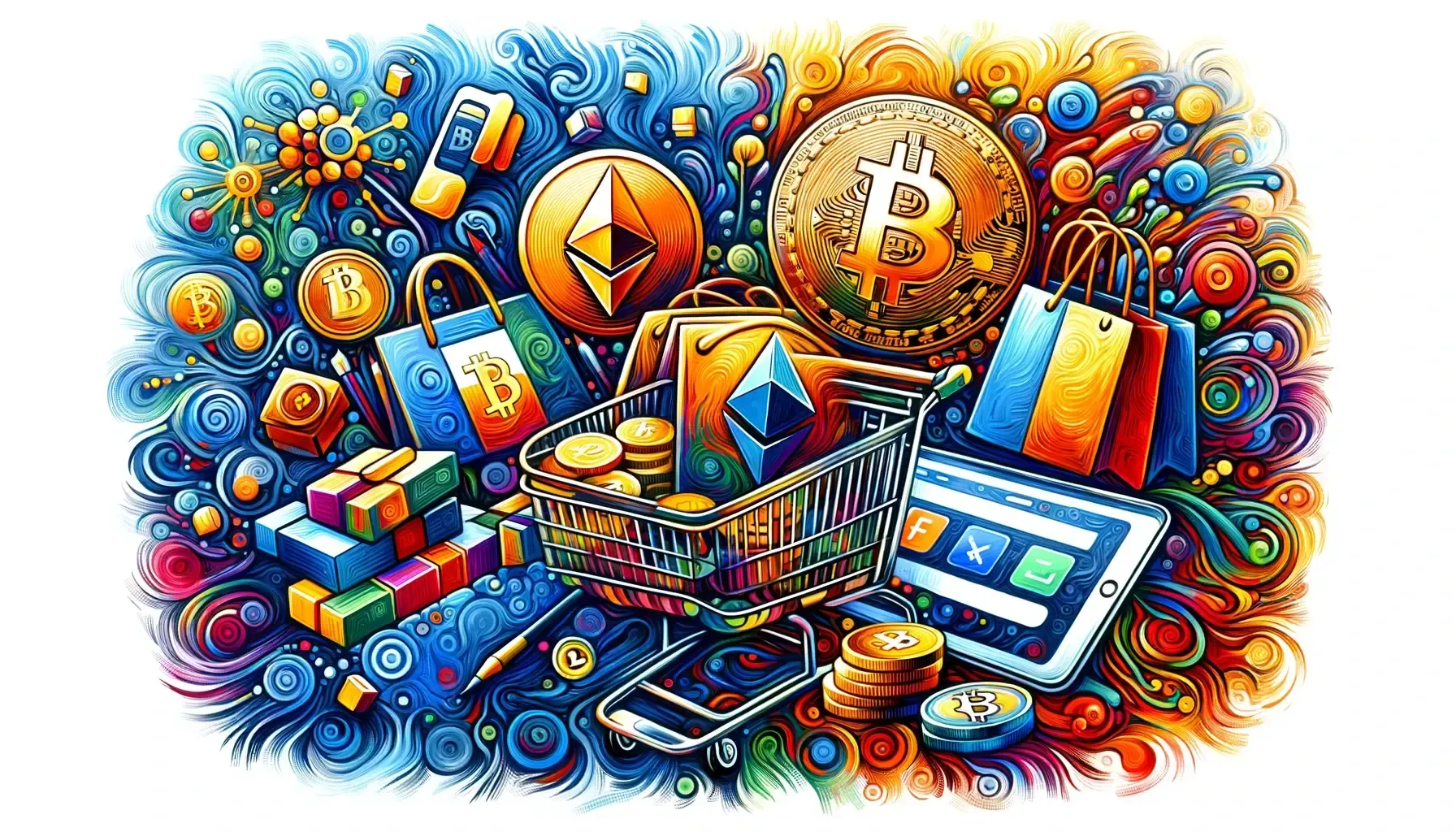 Colourful and artistic banner for the blog article 'Embracing Crypto Payments for a Seamless Shopping Experience,' featuring a blend of cryptocurrency symbols and retail shopping elements within a vibrant, painted aesthetic, symbolizing the innovative fusion of digital currency in modern retail commerce.